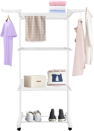 Bigzzia Clothes Drying Rack Folding Clothes Rail 4 Tier Clothes Horses Rack Stainless Steel Laundry Drying Rack Stand with Two Side Wings-White - Lot 1300