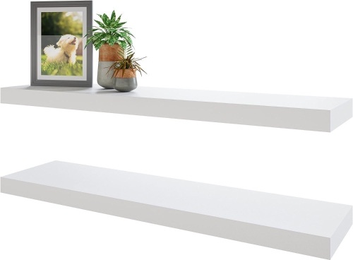 BAMEOS Floating Shelves, White Wall Mounted Wooden Shelves with Invisible Brackets Set of 2, Hanging Wall Shelves Decoration for Bedroom, Bathroom, Living Room and Kitchen - Lot 1306