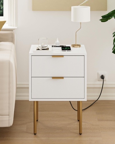 Masupu Nightstand with Charging Station, Mid-Century Modern Bedside Table with 2 Storage Drawer, Small Gold Frame Side End Table for Bedroom, Living Room (White) - Lot 1308