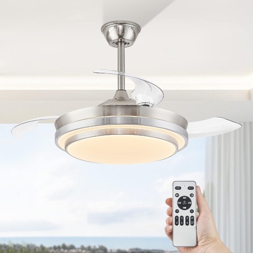 LEDIARY Retractable Ceiling Fans with Lights and Remote, 42 Inch Bladeless Ceiling Fans with LED Lighting, Smart Modern Ceiling Fan, Stepless Color Changeable, Dimmable, Timer Setting - Brush Nickel - Lot 1323