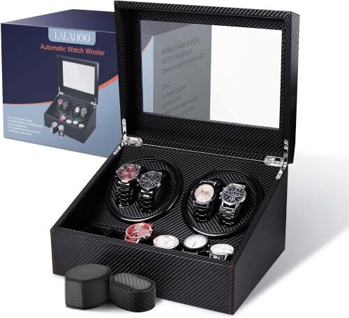 LALAHOO Watch Winder for Automatic Watches, 4 Automatic Watches with 6 Watches Storages, Carbon Fiber Styling Automatic Watch Winder - Lot 9209