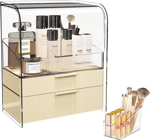 DASITON Cream Cover Dustproof Three layers Storage Box,Makeup Brush Holder,Large Capacity Desktop Storage Box with Drawer,for Beauty Products,Perfume,Jewelry,Nail Polish - Lot 1279