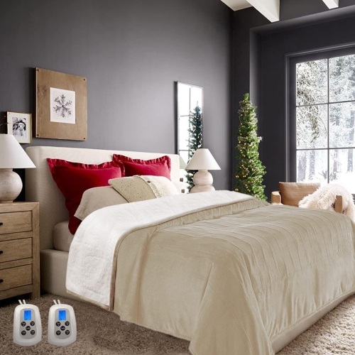 Marquess Heated Blanket Flannel Washable King Size Electric Blanket 100‘’×90‘’with 4 Heat Settings/Safety 10 Hours Auto-Off Dual Controllers (Linen) - Lot 1297