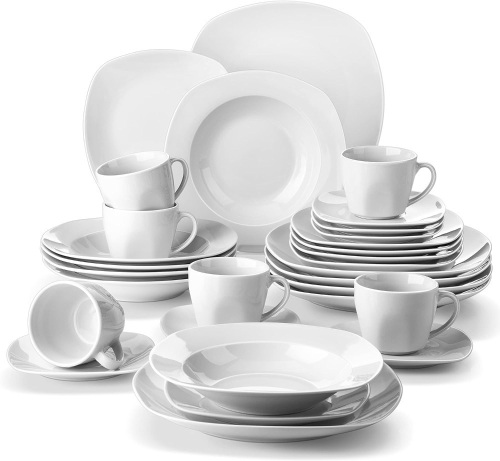 MALACASA 30-Piece Porcelain Dinnerware Set - Gray White Modern Dish Set for 6, Square Dishes Serving Plates Dishes Set, Plates and Bowls Sets, with Cups and Saucers - Series ELISA - Lot 1298