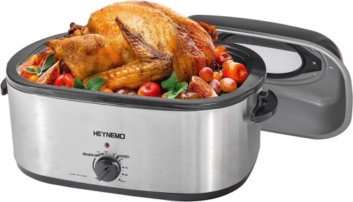 26 Quart Electric Roaster Oven with Visible & Self-Basting Lid, Large Turkey Defrost Warm Function, Adjustable Temperature, Removable Pan Rack, Stainless Steel, Silver - Lot 1299
