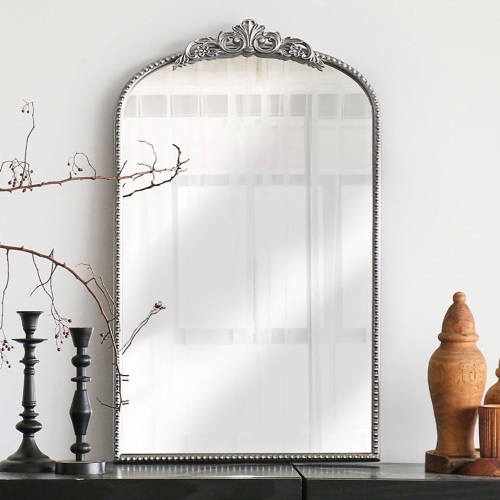 Micasso Arched Mirror, Traditional Vintage Ornate Mirror, 31" x 19" Antique Baroque Silver Wall Mirror for Bathroom Bedroom Living Room - Lot 1347