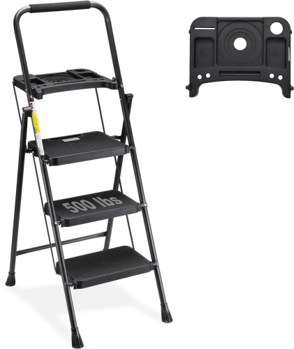HBTower 3 Step Ladder with Tool Tray, Folding Step Stool with Wide Non-Slip Pedal and Comfort Handgrip for Household and Office, Lightweight 500lbs Capacity Step Ladder, Black - Lot 1349