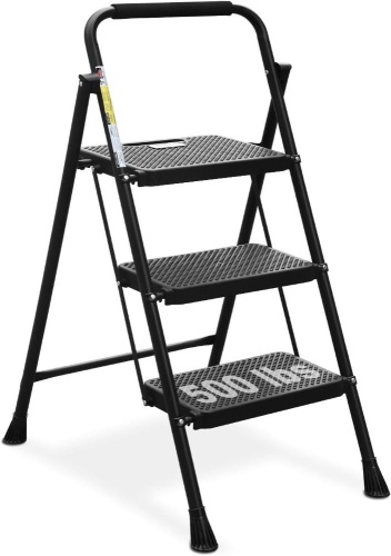 HBTower 3 Step Ladder, Folding Step Stool with Wide Anti-Slip Pedal, 500lbs Sturdy Steel Ladder, Convenient Handgrip, Lightweight, Portable Steel Step Stool, Black - Lot 1350