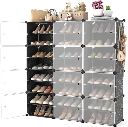 WEXCISE Portable Shoe Rack Organizer with Door, 48 Pairs Shoe Storage Cabinet Easy Assembly, Plastic Adjustable Shoe Organizer Stackable Detachable Free Standing Shoe Rack DIY Expandable 8 Tier Black - Lot 1362