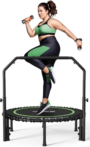 BCAN 450/550 LBS Foldable Mini Trampoline, 40"/48"/50" Fitness Trampoline with Bungees, U/T Shape Adjustable Foam Handle, Stable & Quiet Exercise Rebounder for Kids Adults Indoor/Garden Workout - Lot 1365