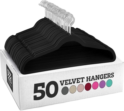 Zober Velvet Hangers 50 Pack - Heavy Duty Black Hangers for Coats, Pants & Dress Clothes - Non Slip Clothes Hanger Set - Space Saving Felt Hangers for Clothing - Lot 1372