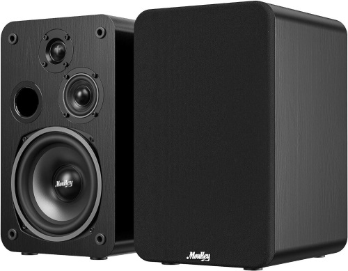Moukey Passive Bookshelf Speakers (Pair), Peak Power 2×55W, 3-Way Home Theater Speakers, 2.0 Stereo Near Field Studio Premium Sound, Wooden Wall-Mountable, Black, M20-3 - Lot 1376
