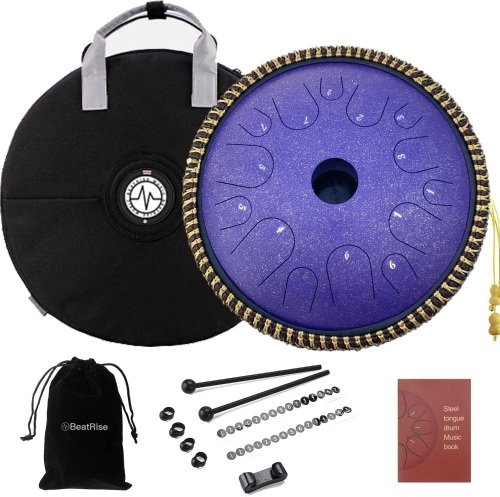 BeatRise Tongue Drum 14 Inch 14 Notes Steel Tongue Drum Professional Steel Drum Handpan Percussion Instrument with Travel Bag Rope and Mallets for Mind Healing Yoga (Speckled Purple) - Lot 1378