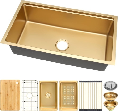 MILOSEN Gold Undermount Kitchen Sink 32×18 Inch, Stainless Steel Workstation Kitchen Sink, Single Bowl Kitchen Sinks with Kitchen Sink Strainer - Lot 1383
