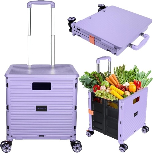 SELORSS Foldable Utility Cart Portable Collapsible Crate Rolling Carts with Wheels Rolling Tote Basket Teacher Cart with Lid Wear-Resistant 360°Rotate Wheel Noiseless for Shopping Storage Office Use - Lot 1391