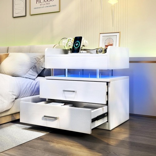 TC-HOMENY LED Nightstand with Voice-Activated Mode, Acrylic Float Nightstand with Charging Station, Side Table End Table with 2 Drawers (White) - Lot 1394