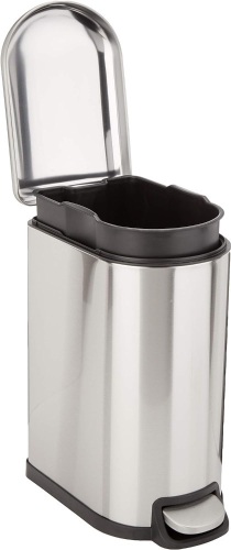 Amazon Basics Smudge Resistant Small D-Shaped Trash Can With Soft-Close Foot Pedal For Narrow Spaces, 10 Liter/2.6 Gallons, Brushed Stainless Steel - Lot 1399