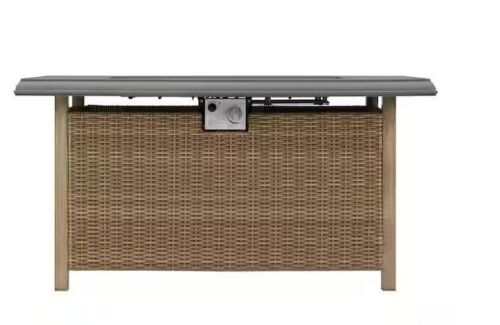 Anaheim 49 in. x 25 in. Aluminum and Stainless Steel Tan Gas Fire Pit with Concrete-Look Tile Top - Lot 54