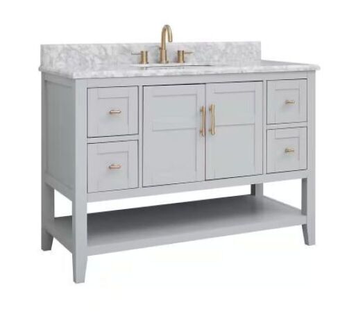 Sturgess 49 in. W x 22 in. D x 35 in. H Single Sink Freestanding Bath Vanity in Gray with Carrara Marble Top - Small Chip Front Left Corner of Top  - Lot 60