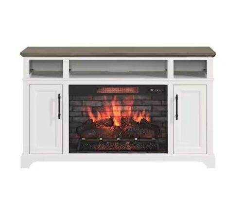 Hillrose 52 in. Freestanding Electric Fireplace TV Stand in White with Rustic Taupe Oak Top - Damaged Corners - Lot 121