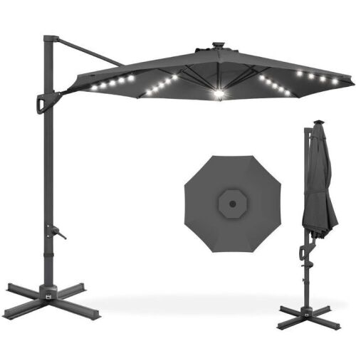 360-Degree Solar LED Cantilever Offset Patio Umbrella w/ Tilt - 10ft - Lot 142