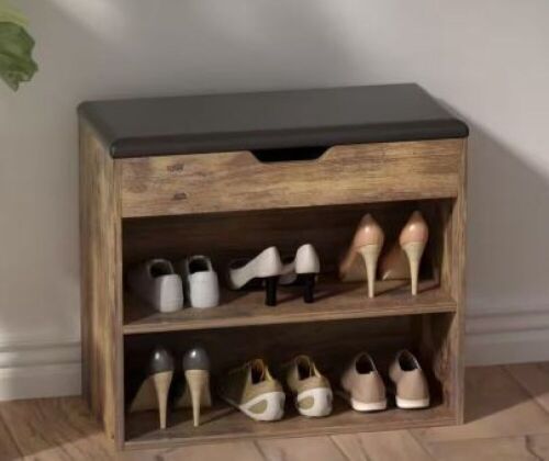 FUFU & GAGA 21.2 in. H x 24 in. W 6-Pair Shoes Brown Wood Shoe Storage Bench with Hidden Storage Compartment - Lot 444