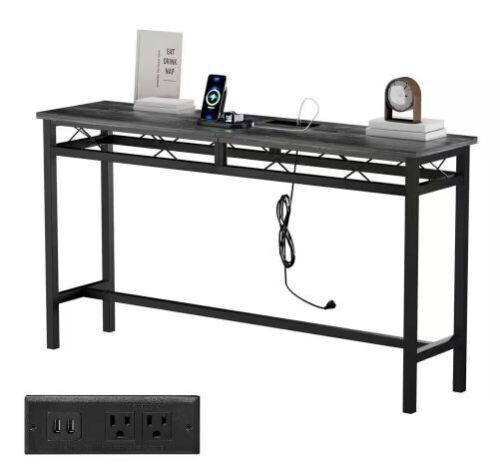 55 in. Narrow Console Table with Power Outlet and USB Ports, Metal Frame, Black  - Lot 591
