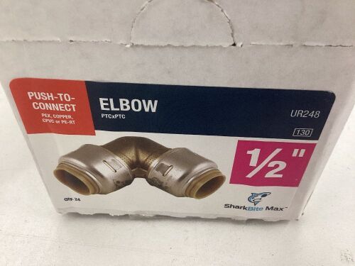 Case of (24) SharkBite Max 1/2 Inch 90 Degree Elbow Push to Connect Brass Fitting  - Lot 601