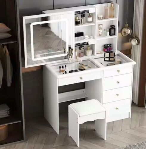 White Makeup Vanity Set Dressing Desk with Glass Top, Sliding LED Lighted Mirror, Drawers, Storage Shelves and Stool - Lot 44
