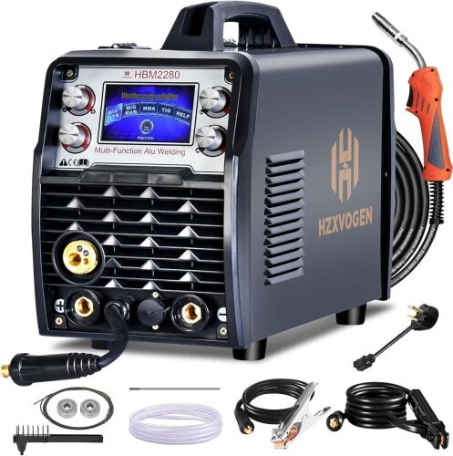 HZXVOGEN 250A Aluminum MIG Welder 6 in 1 Large LCD Display Multiprocess Welding Machine 110V/220V MIG/Gasless Flux Core Welder/Lift TIG/Stick Welder/Spot Welding/Spool Gun IGBT Inverter Welder Machine  - Lot 23