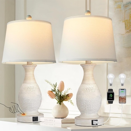 PARTPHONER Table Lamps Set of 2, Bedside Touch Lamp with Dual USB Charging Ports, Side Table Lamp with White Fabric Shade - Lot 166