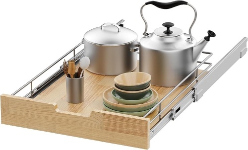 Sikarou Pull Out Cabinet Organizer,Heavy-Duty Slide Out Shelf, Wood And Wire Basket, Pull Out Drawer for for Kitchen Under Sink Space, Pantry, Bathroom (11 * 21in -Wood and Wire)  - Lot 191