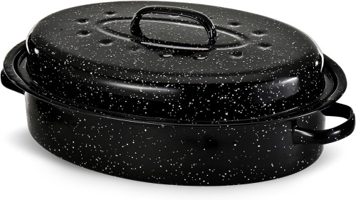 Alpine Cuisine Enamel Oval Roaster | Carbon Steel Oval Roasting Pan 15-Inch | Non-Stick Marble Coating with Lid | Oven & Dishwasher Safe | Even Heat Distribution | Ideal for Large & Small Servings  - Lot 181