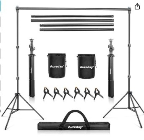 Aureday Backdrop Stand, 10x7Ft Adjustable Photo Backdrop Stand Kit with 4 Crossbars, 6 Background Clamps, 2 Sandbags, and Carrying Bag for Parties/Wedding/Photography/Festival Decoration - Lot 283