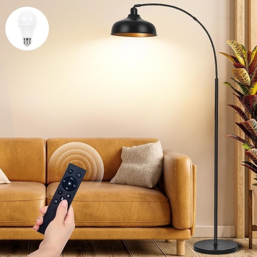Arch Floor Lamps with Remote - Dimmable Floor Lamp 70”, Black Tall Lamp with 360° Adjustable Hanging Metal Shade, Arc Lamps Floor Standing with 9W Bulb, Over Couch Lamps for Living Room, Foot Switch  - Lot 301