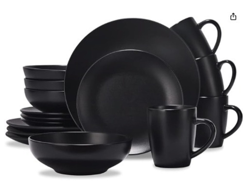 CREATIVELAND Round Stoneware Dinnerware Set Durable Kitchen and Dining,16 Piece Service For 4,Pasta Bowls,Large Salad Bowls,Porcelain Bowl,Wide and Shallow,Microwave and Dishwasher Safe, Matte Black. - Lot 306