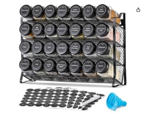 Spice Rack Organizer for Cabinet, Spice Organizer with 28 Empty Spice Jars with Black Lids, Funnel, Spice Labels - Lot 307