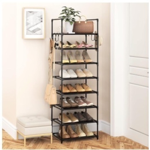 8 Tiers Tall Shoe Rack,16-20 Pairs Shoe and Boots Organizer Storage Sturdy Shoe Shelf, Metal Stackable Shoe Stand with Hooks white - Lot 311