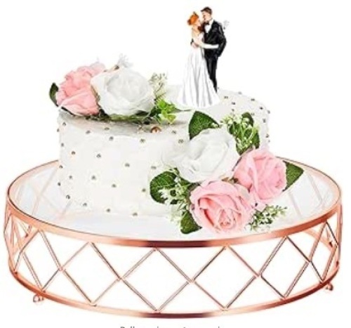 Nuanchu 14" Round Metal Geometric Cake Stand Wedding Cake Stand Glossy Metallic Cake Riser with Glass Top and 2 Artificial Birthday Cake Flower Arrangement Rose Flower Cake Topper Wedding (Rose Gold) - Lot 312