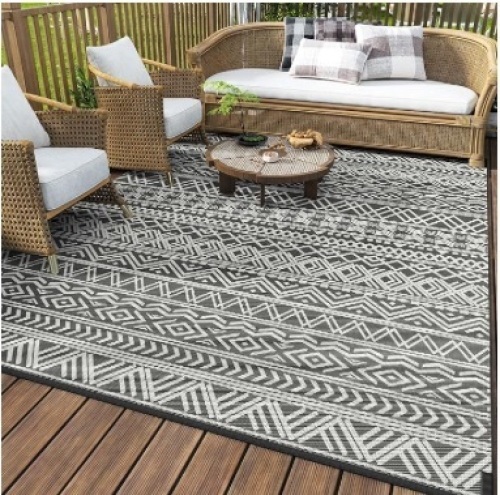 MontVoo-Outdoor Rug Carpet Waterproof 9x18 ft Reversible Patio Rug RV Camping Rug-Plastic Straw Rug Outside Indoor Outdoor Area Rug for Patio Deck Balcony Picnic Beach Outdoor Decor Boho Grey - Lot 316