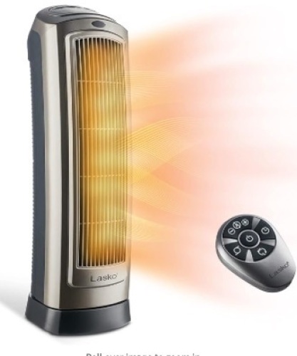 Lasko Oscillating Digital Ceramic Tower Heater for Home with Adjustable Thermostat, Timer and Remote Control, 23 Inches, 1500W, Silver, 755320, 8.5″L x 7.25″W x 23″H - Lot 425