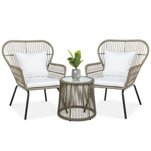 3-Piece Patio Wicker Conversation Bistro Set w/ 2 Chairs, Glass Top Table - Lot 14