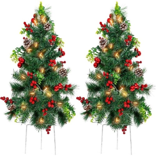 Lot of (2) 24.5in Pre-Lit Pathway Christmas Trees w/ Pine Cones, Ornaments, Set of 2   - Lot 928
