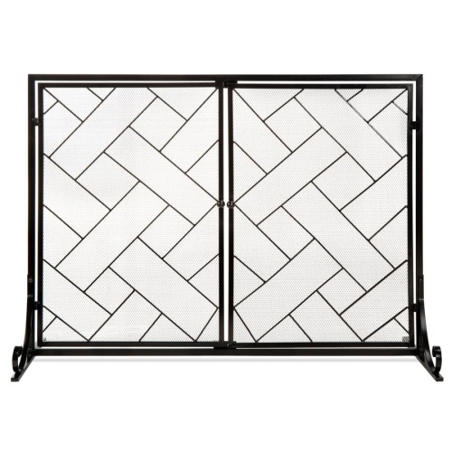 2-Panel Wrought Iron Geometric Fireplace Screen w/ Magnetic Doors - 44x33in - Lot 1048