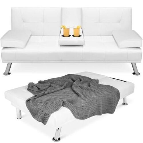 Faux Leather Upholstered Convertible Sofa Bed Futon w/ 2 Cupholders - Lot 88