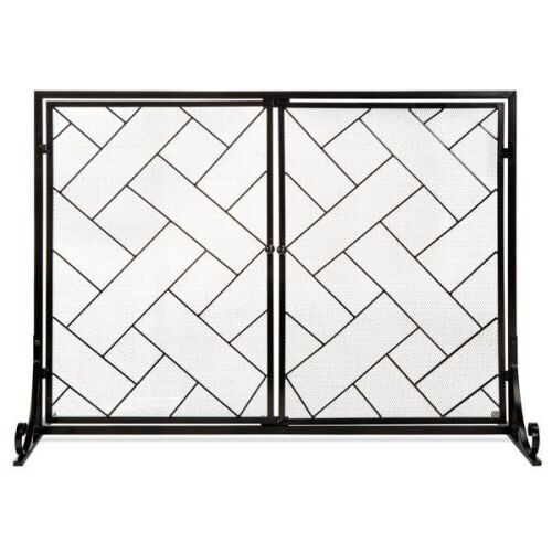 2-Panel Wrought Iron Geometric Fireplace Screen w/ Magnetic Doors, 44x33in - Lot 1079