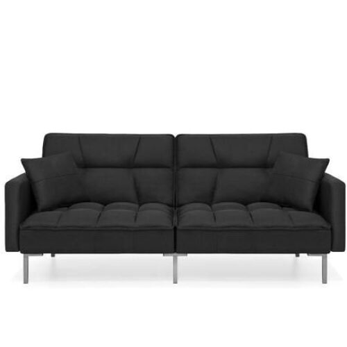 Convertible Linen Tufted Futon w/ 2 Plush Pillows, Split-Back Design - Lot 130