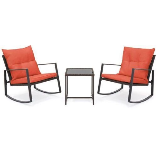 3-Piece Patio Wicker Bistro Furniture Set w/ 2 Rocking Chairs, Glass Side Table, Cushions - Lot 385