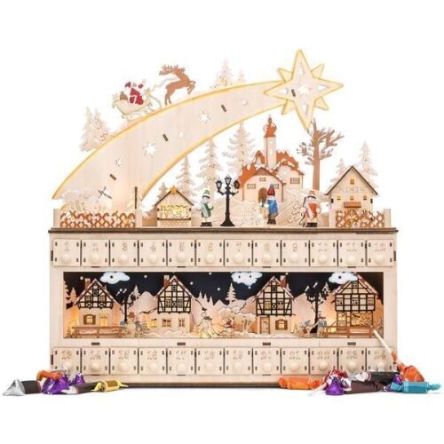 Wooden Christmas Shooting Star Advent Calendar w/ LED Light Background - Lot 1041