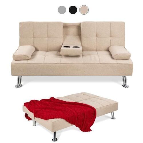 Linen Upholstered Convertible Sofa Bed Futon w/ 2 Cupholders - Lot 132